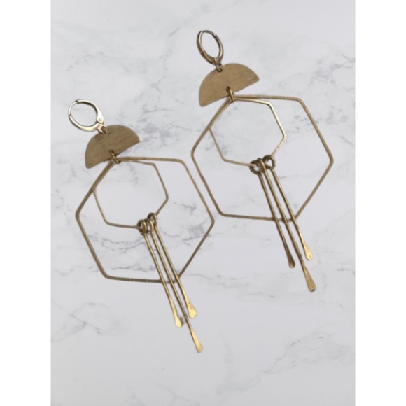 Gold Geometric Hexagon Hoop Fringe Boho Earrings - Picture 2 of 2